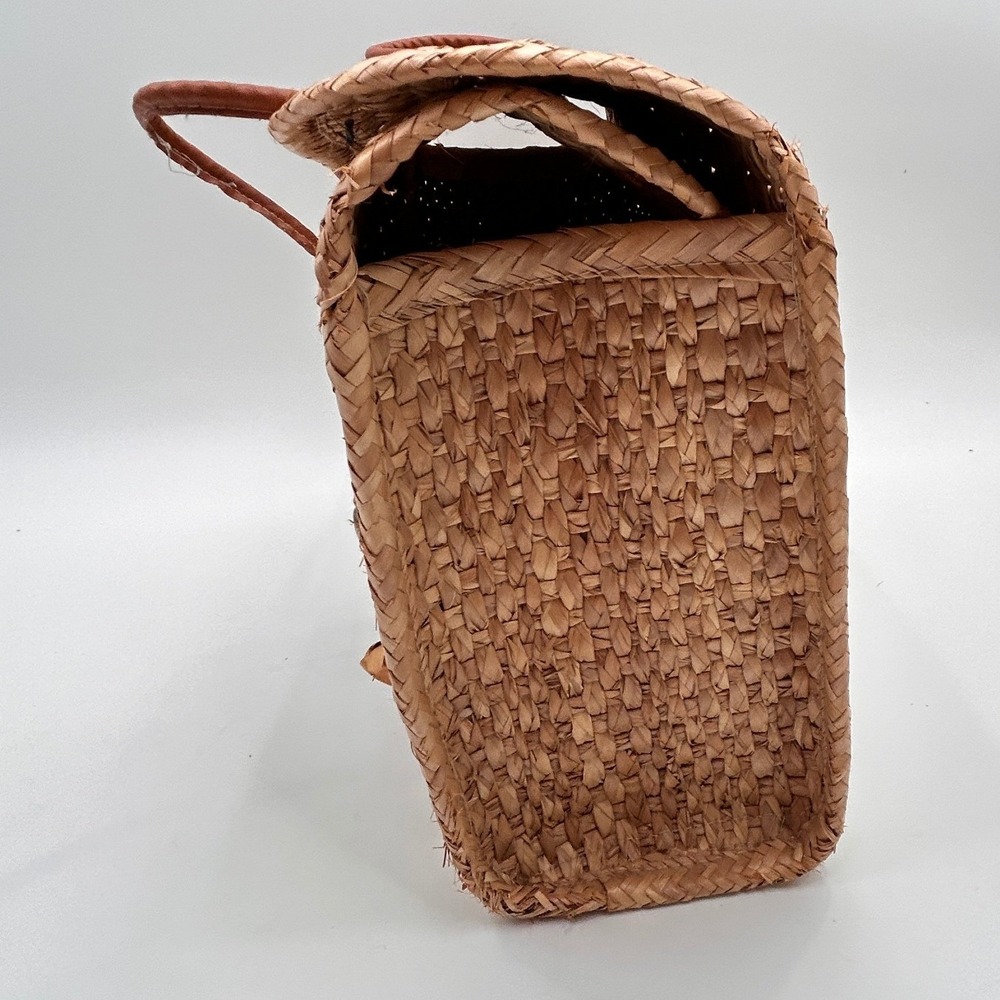 Vintage Woven Straw Floral Embroidered Satchel Bag Boho Cottagecore Natural Tan - Picture 6 of 11